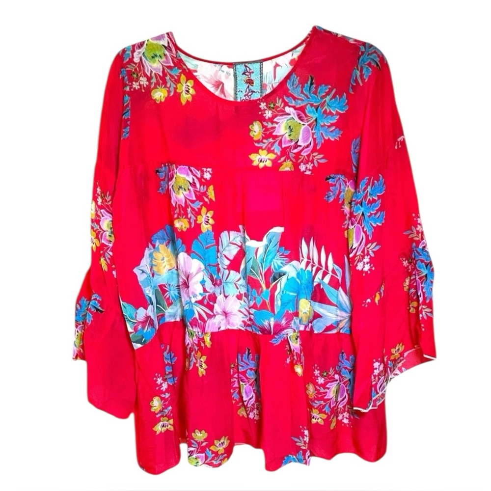 $220 Johnny Was Peonies Garden Blouse Small Top Vibrant Colors Tiered Breezy NWT